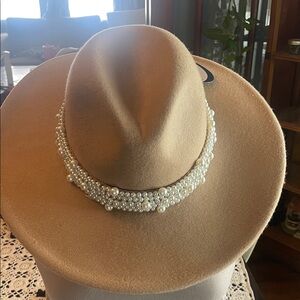 Scoop NYC Tan Hat with Pearl Embellishment